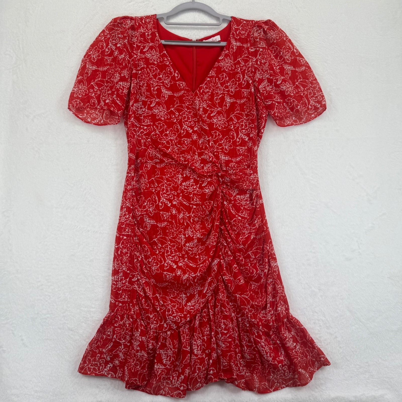 Parker Krislyn Aurora Short Sleeve Red Floral Silk Blend Mini Dress Ruched Sz 6